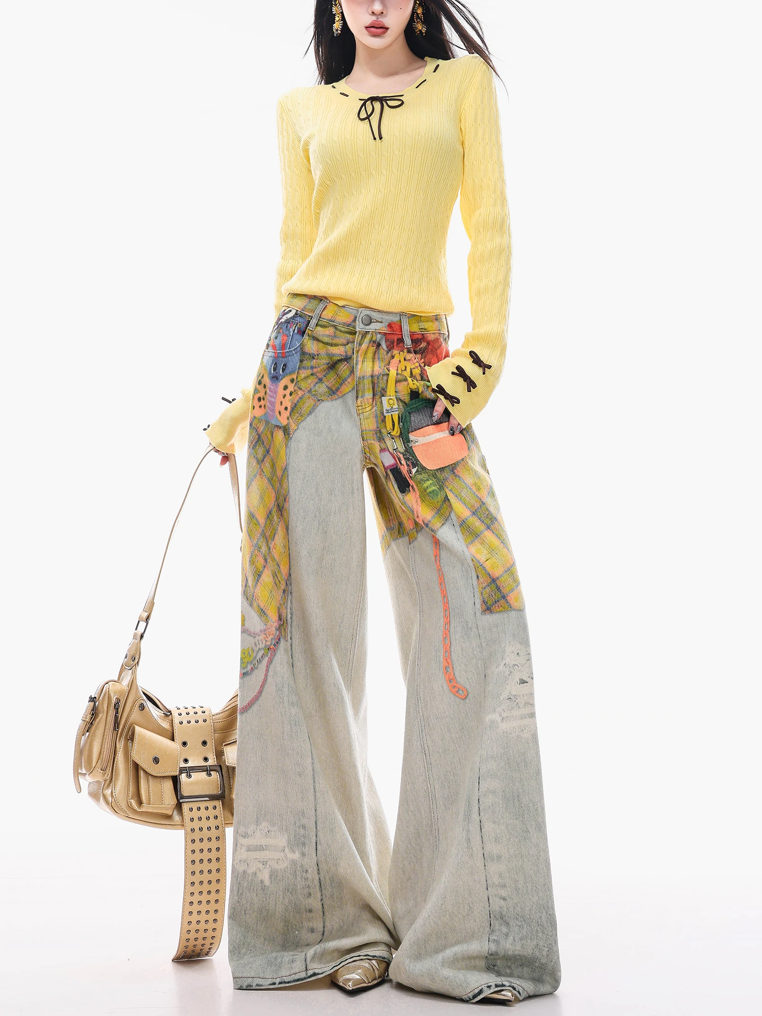 

ABWLR Original 3D Print Plaid Wide Leg Loose Fit Women's Jeans Spring Season l Waist Decorative Waed Denim Pants