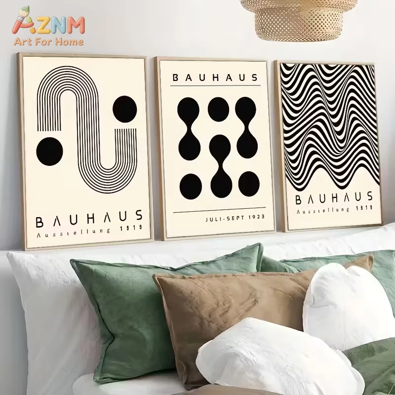 AZNM Bauhaus Geometric Canvas Wall Art Black Beige Abstract 