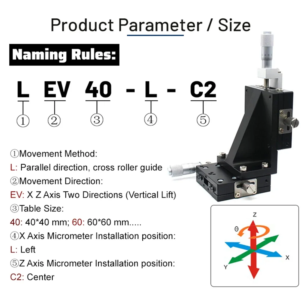 X Z Axis Vertical Lift LEV40-L-C2 LEV90-L-C2 Linear Platform 6.5-12.5mm 19.2N-58.8N Manual Displacement Platform Sliding Table