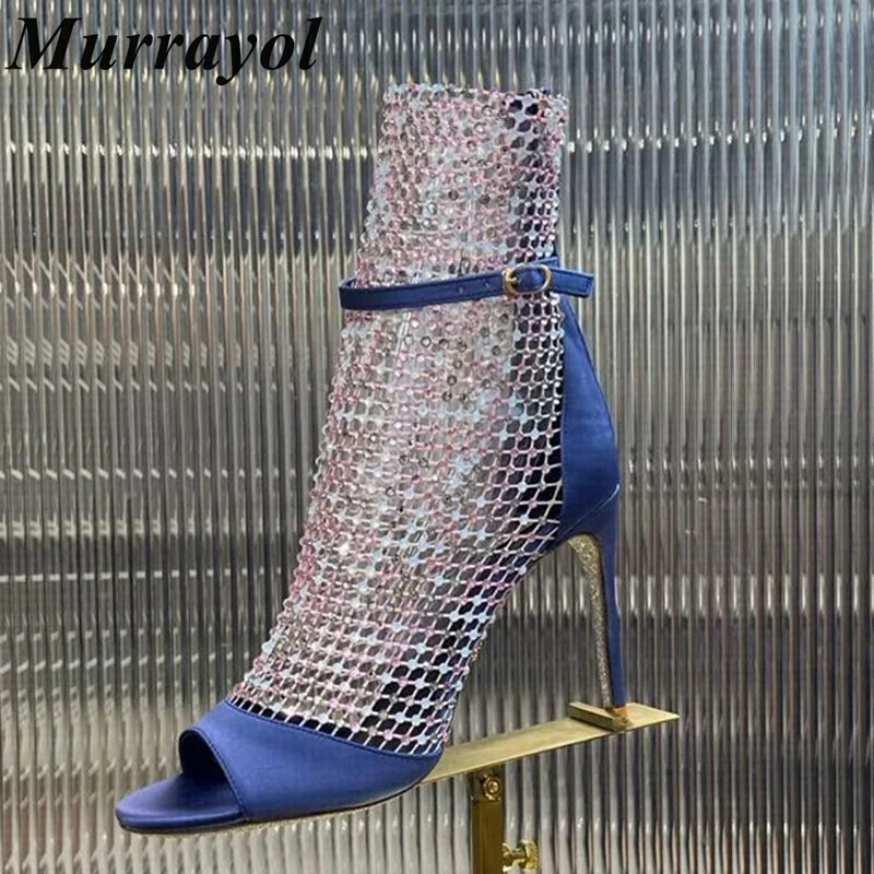 

New Women Mesh Hollow Design Thin Heels Cool Boots Rhinestone Decor Open Toe Thin High Heels Sandalias Summer Party Dress Shoes