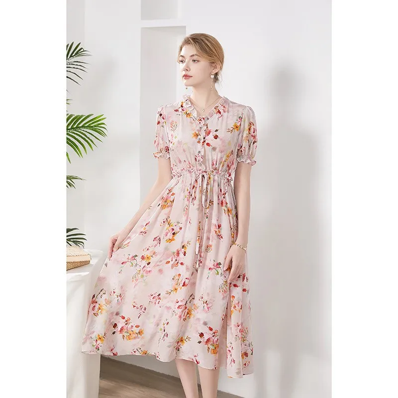 Mulberry Silk Dress, French V-Neck, Print, Waist Collection, Spring, Summer, New, D4149