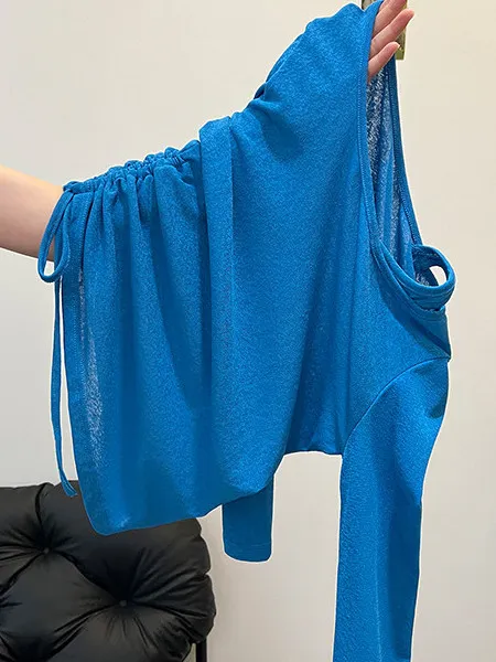 Shoulder Bared Long Sleeve Fake Two-Piece T-Shirt Women's High Waist Slimming Drawstring Sun Protection Cover up Korean Style...