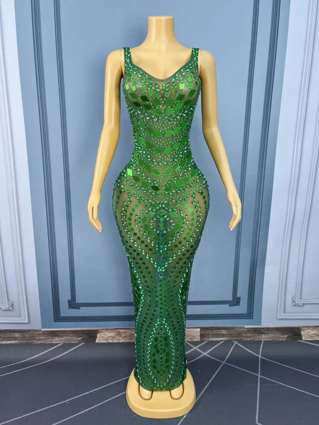 Verde tema festa alta costura ver através de malha brilhante strass espelhos com decote em v vestido de noite sexy bodycon vestido longo lvyijingpian