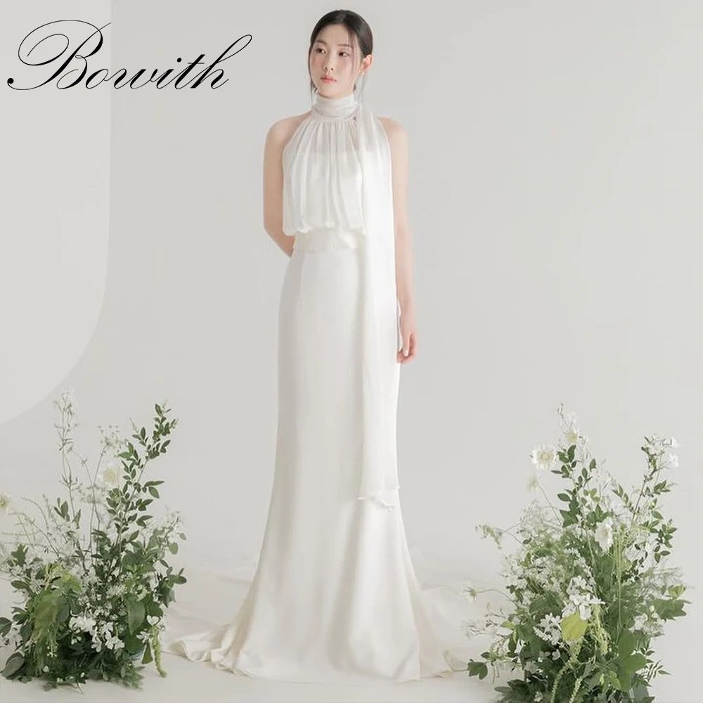 

Bowith High Collar Sleeveless Korean Wedding Dress Photoshoot Floor Length Bridal Gown Simple Elegant 웨딩드레스 Customized