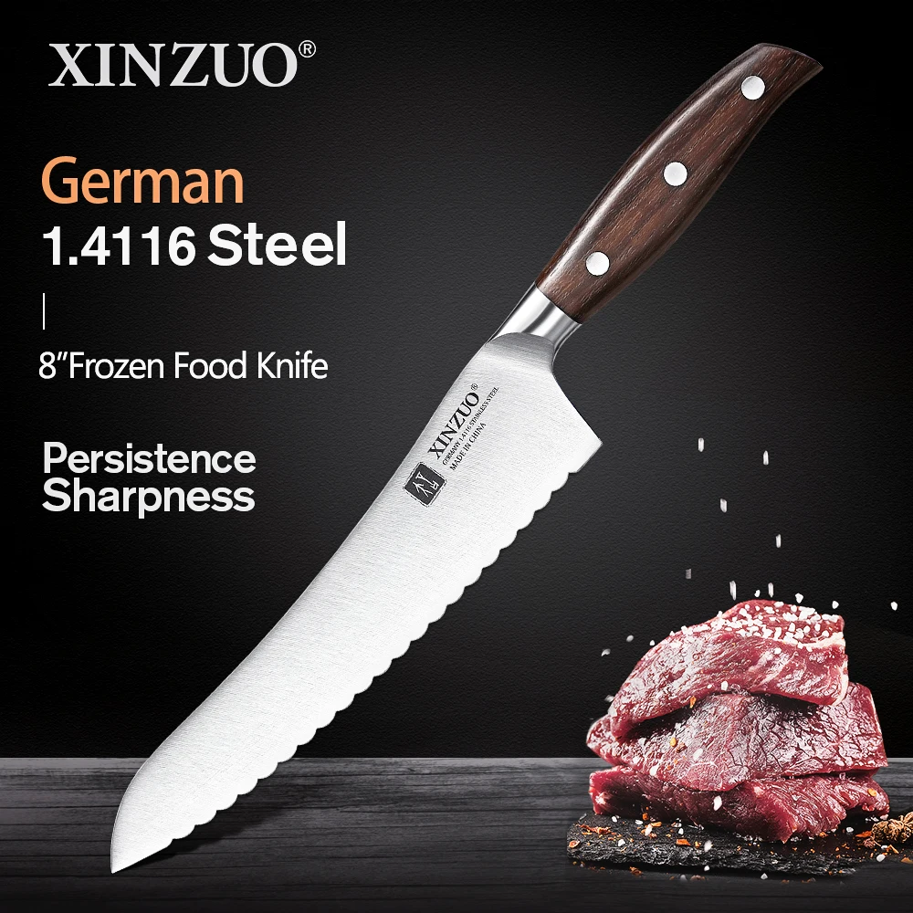 XINZUO 8'' Frozen Meat Knives DIN 1.4116 Stainless Steel Meat Cleaver Kitchen Knives Cooking Tools Serrated Frozen Meat Knife