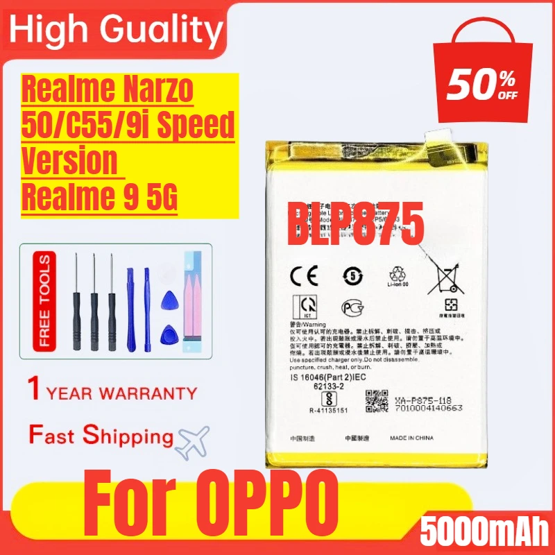 

BLP875 for OPPO Realme Narzo 50/C55/9i Speed Version Realme 9 5G Mobile Phone Battery Replacement Bateria with Tools