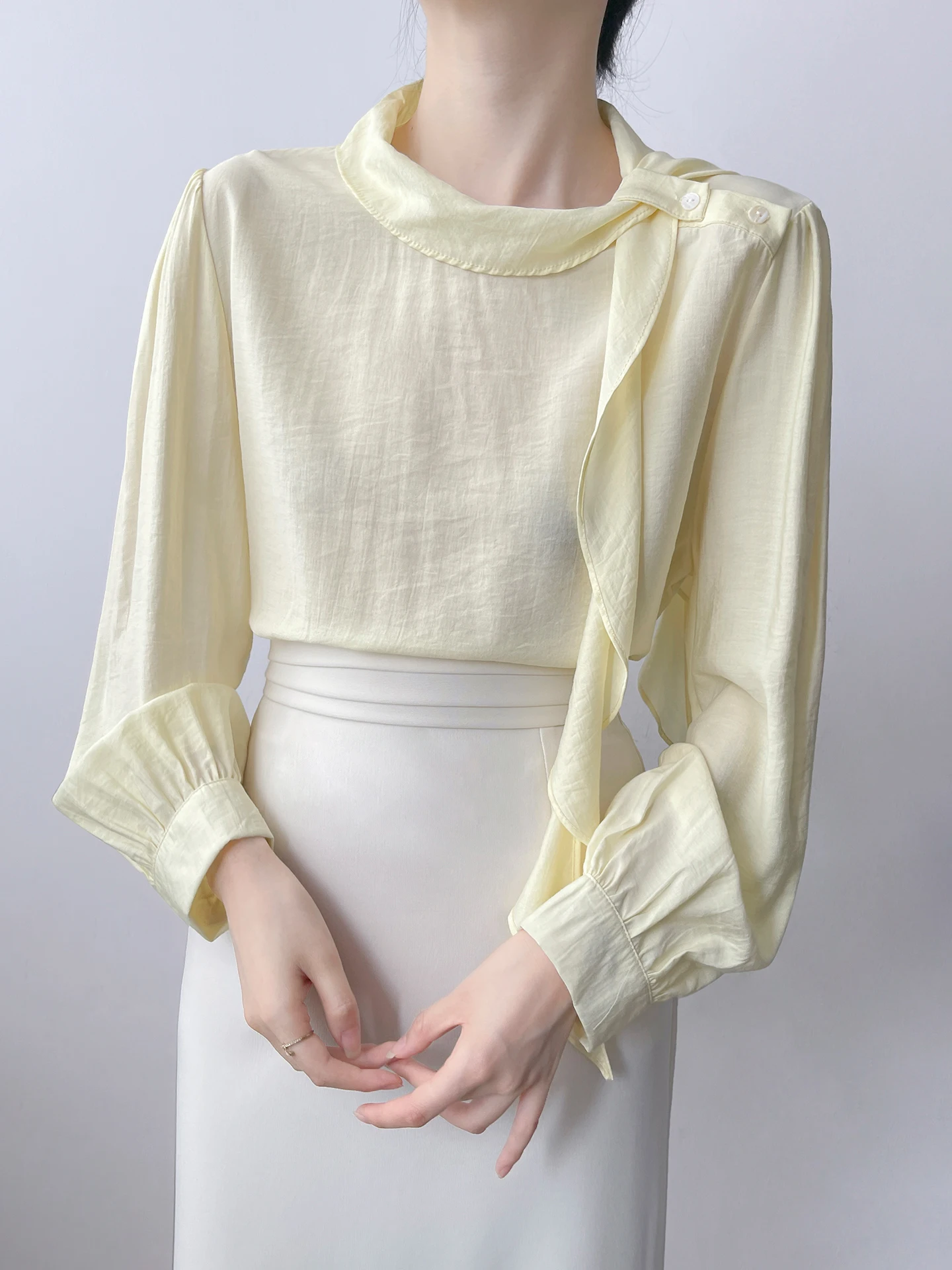 

Korean Style Long Sleeve Yellow Shirt Women's Fashionable Necktie Button up Top Breathable Slimming Casual Workwear
