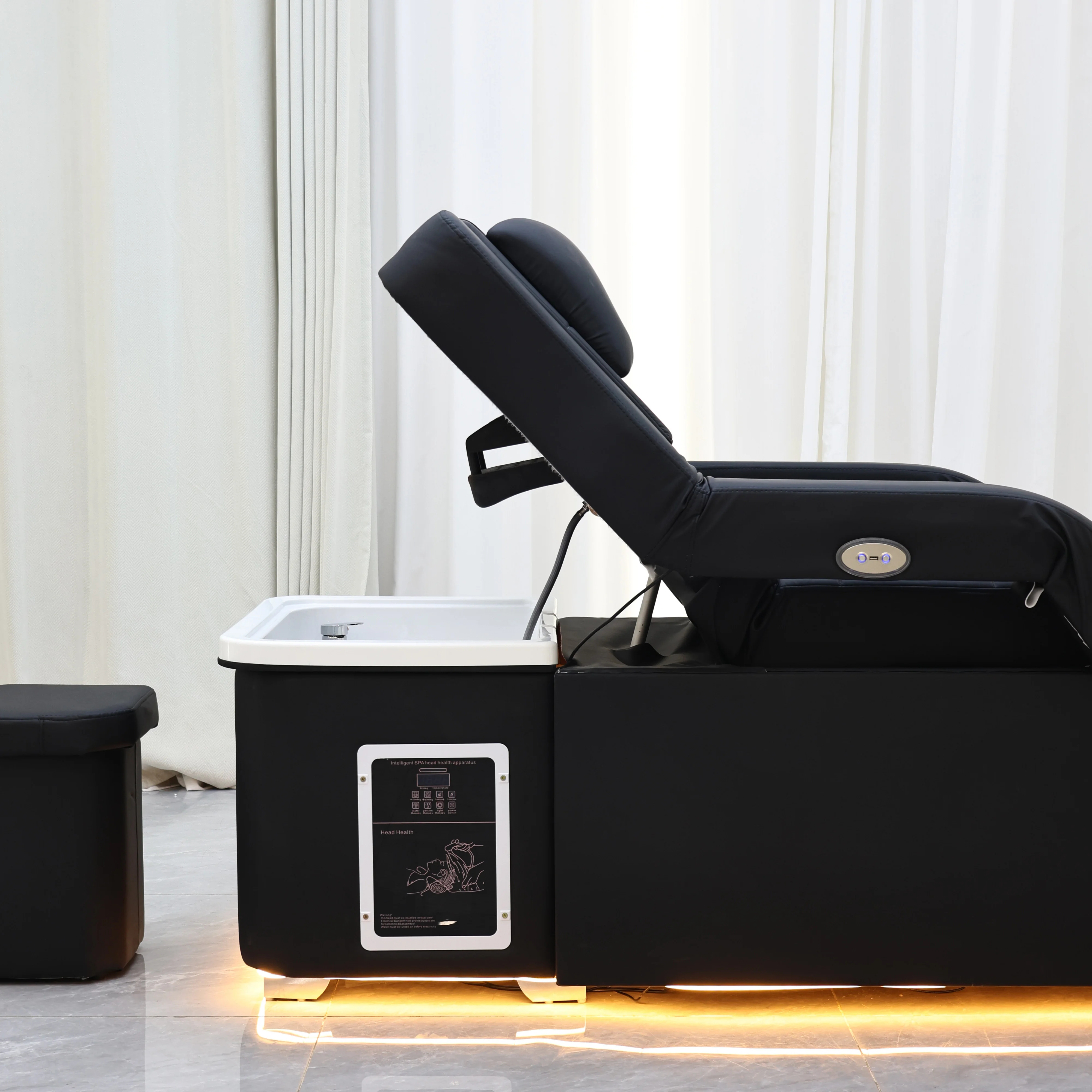 Moderner schwarzer Leder-Fußmassagestuhl, Salon 2-in-1 Shampoo- und Fußbadstation, elektrischer Fußmassagestuhl mit LED-Beleuchtung – Detail 13