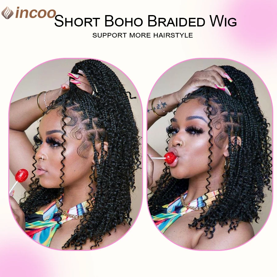 Synthetic Short Boho Braided Wigs Full Lace Wigs Cornrows Knotless Box Braids With Curly Hair End For Black Women With Baby Hair