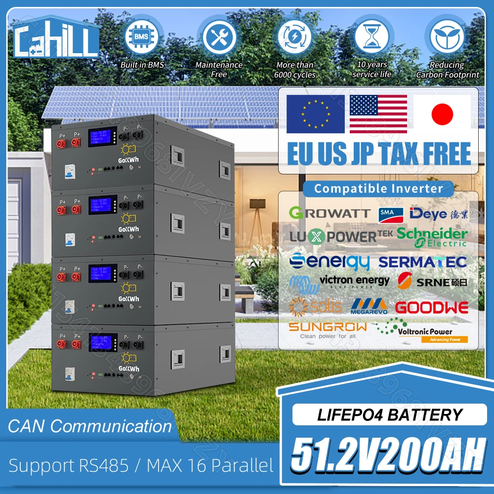 Grade A 48V 200AH Lifepo4 Battery Pack 10.24KW Built-in 16S 200A BMS 51.2V Rechargeable batteri For RV Home Energy System No Tax