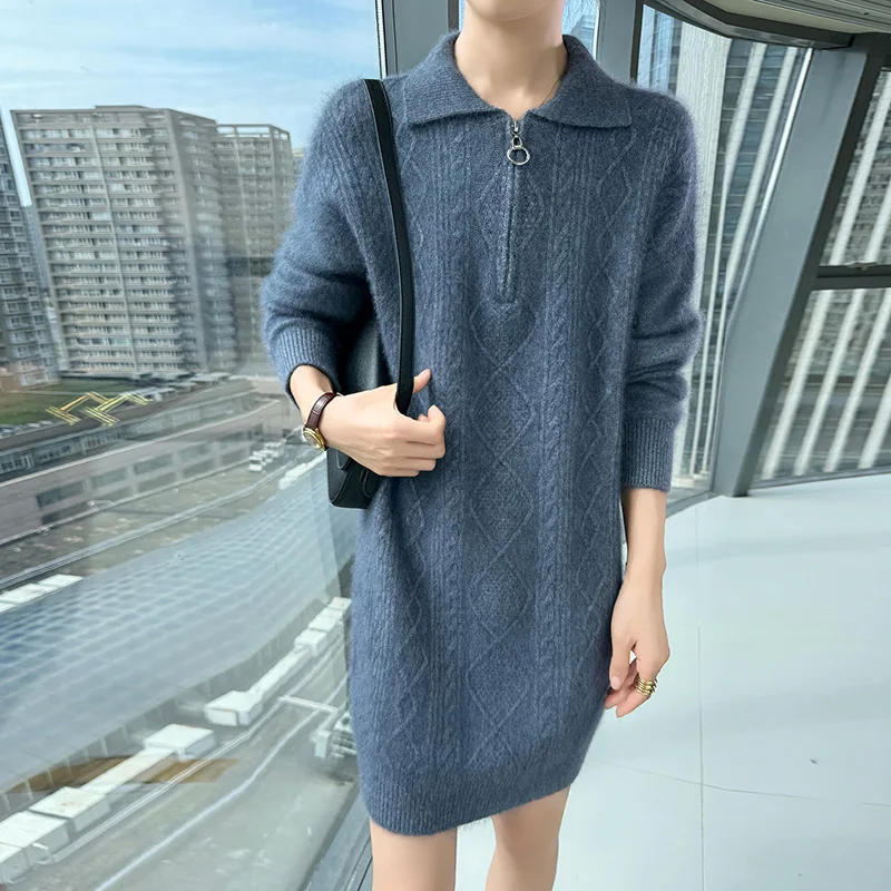 Outono e inverno saia de lã de vison senhoras lapela cor sólida zíper malha torcido pulôver solto casaco de fundo