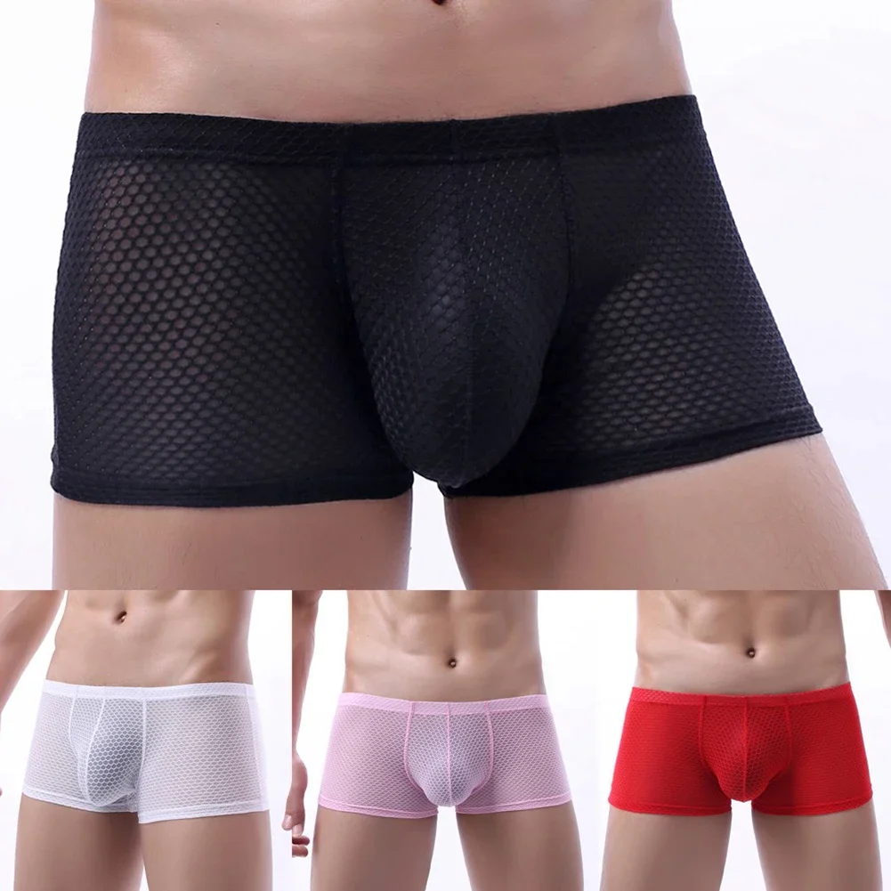 

Men's Sexy Mesh Boxer Underwear See-Through Transparent Solid Color Low Waist Nightwear Boxer Shorts Breathable Underpants