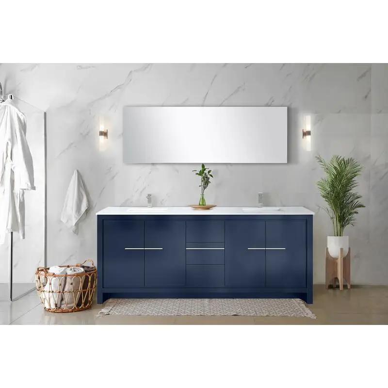 حمام مزدوج باللون الأزرق الداكن مقاس 80 بوصة مع سطح رخامي مثقف، عمق 20 بوصة للتخزين والأناقة الأنيقة #3