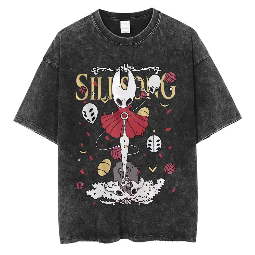 Washed Vintage Game Hollow Knight Pocket Graphic T-shirt Men Women's Casual Funny Oversized T-shirts Men's 100% Cotton T Shirts