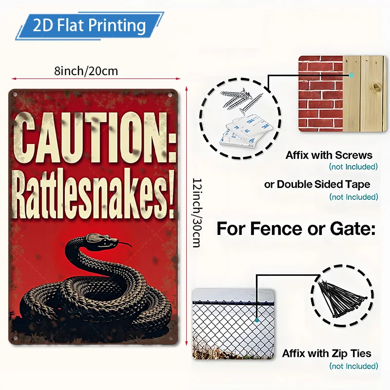 [2D FLAT] 1 قطعة علامة معدنية، 8 × 12 بوصة علامة تحذير أفعى الجرسية ديكور جدران فني معدني عتيق