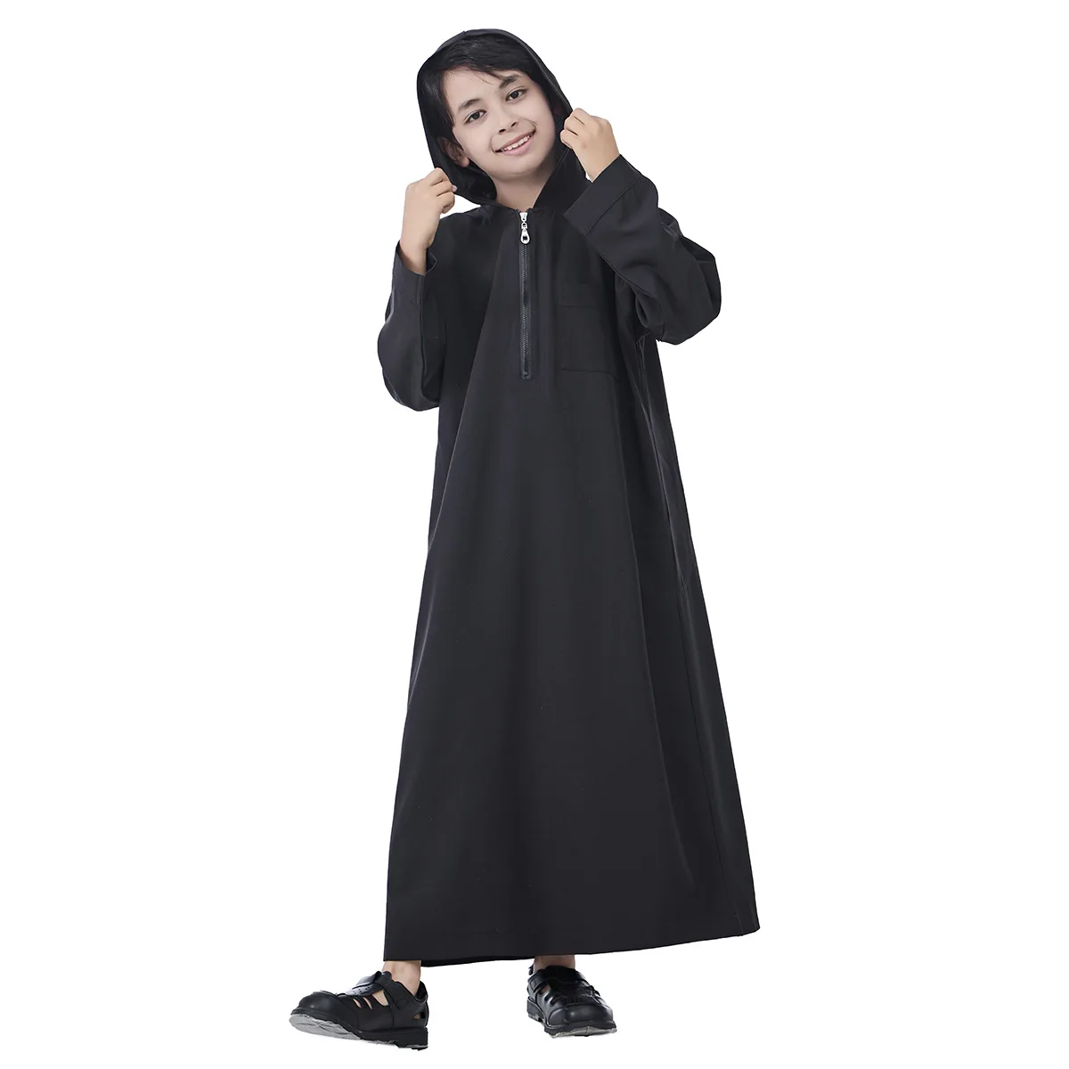 Islamic Boy Hooded Robe Saudi Arabia Dubai Turkey Hui Ethnic Prayer Clothes Pullover Long Tunics Moroccan Kaftan Kids Djellaba
