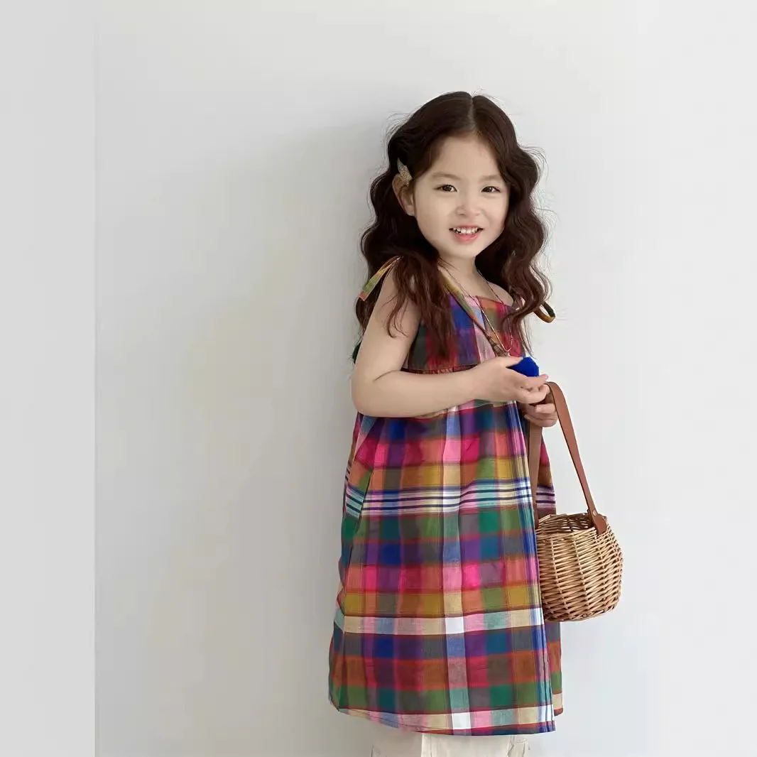 Girls Skirts 2024 Summer New Childrens Clothes Foreign Hairball Pendant Chequered Slip Dress Casual Simple and All-match