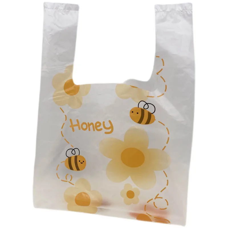 100pcs Plastic Bee Honey Vest Bag Candy Cake Cookies Food Takeaway Packaging Handbags Bags Supermarket Store