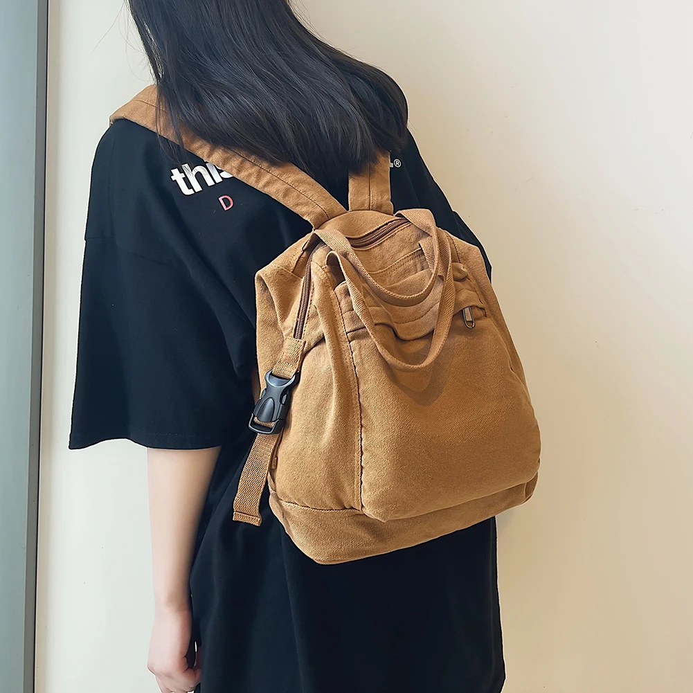 Vintage Canvas Bookbag 2024 Women Solid Color Schoolbag Large Capacity Simple Knapsack Casual College Backpack Students Rucksack