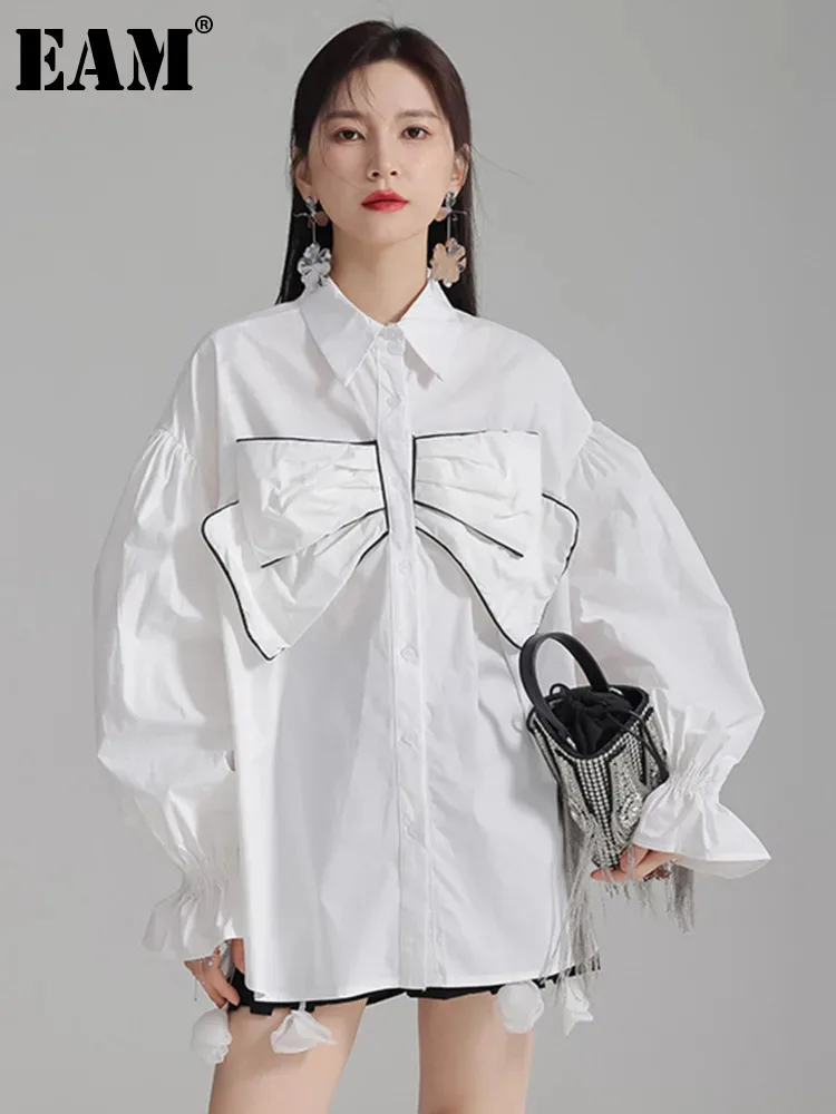 

[EAM] Women White Big Size Bow Elegant Long Blouse New Lapel Long Flare Sleeve Shirt Fashion Tide Spring Autumn 2024 1DH4000