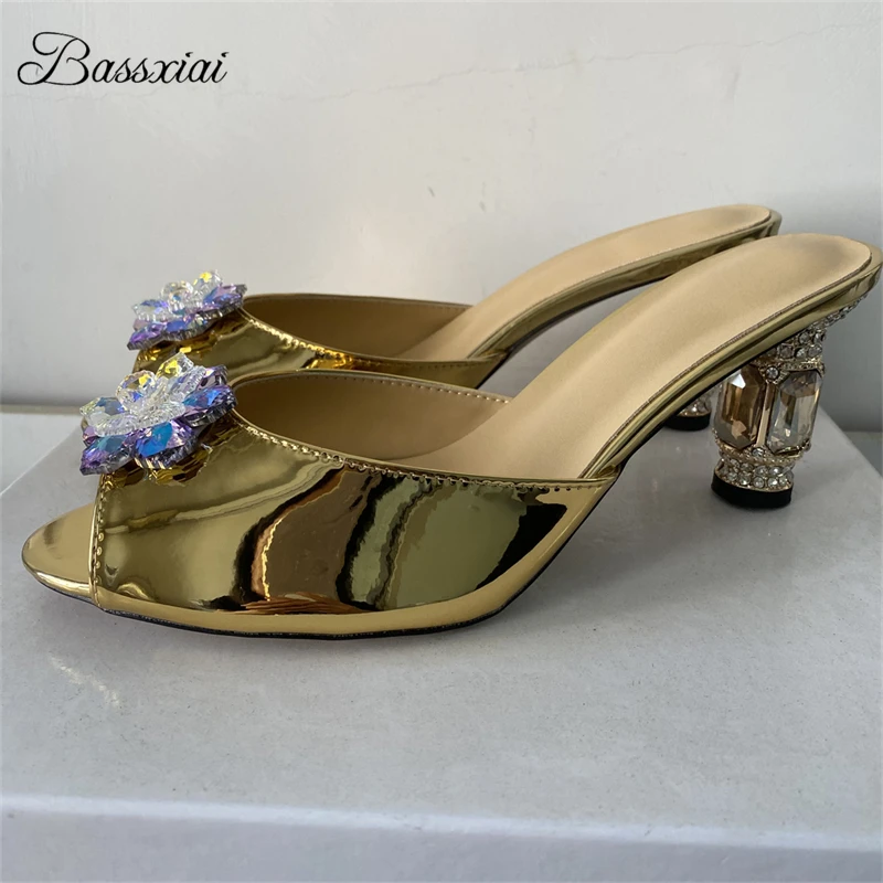 

Diamond Rhinestone Buckle Decor Sandals Women Jeweled Crystal High Heel Patent Leather Slingbacks Summer Shoes