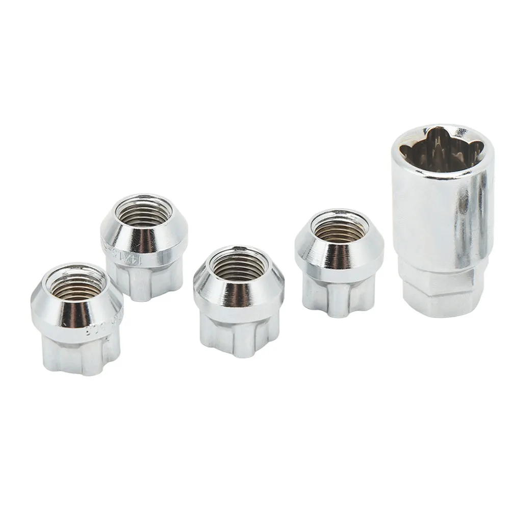 5PCS Stainless Steel Wheel Locking Lug Nuts Spline Drive Bulge Cone Seat Wheel Lock Bolts M14 X 1.5 Anti-Rust Wheel Lock Kit