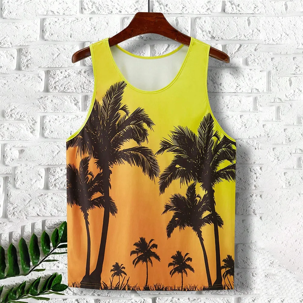 

Hawaii Seaside Vacation Sleeveless Men's Vest Coconut Tree Sunset Print Harajuku Street Fashion Sports Breathable Men's Vest