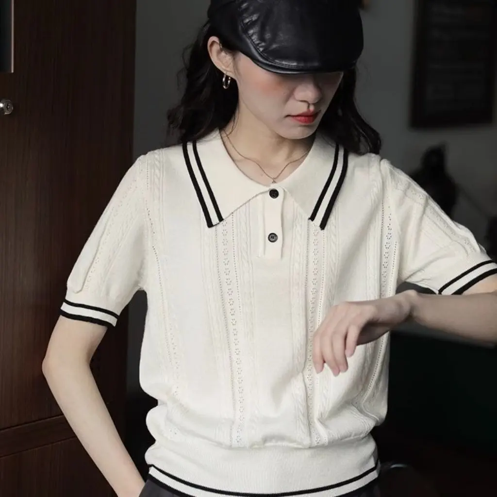

Korean College Style Color Block Polo Neck Striped Knitted Short Sleeve Women's T-Shirt Summer Shoulder Length Mini Top