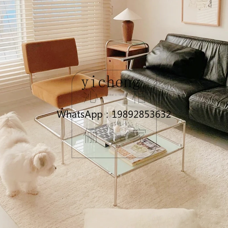 

5CJ Internet celebrity tea table small apartment personalized coffee table Nordic stainless steel double-layer design storage
