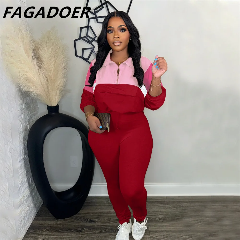 FAGADOER Color Block 2 Piece Sets Outfit Women Long Sleeve Zip Sweatshirts and Leggings Suits Jogger Streetwear Autumn New