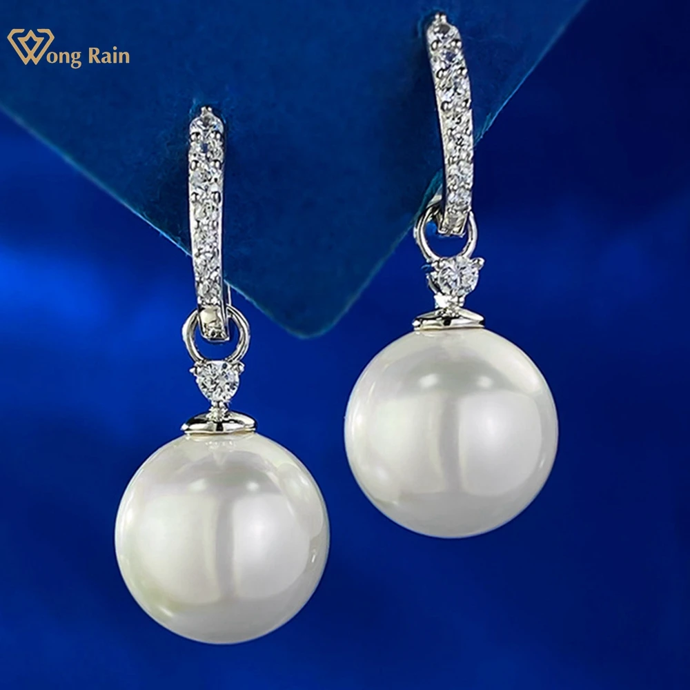 

Wong Rain Elegant 100% 925 Sterling Silver 13 MM Pearl High Carbon Diamond Gemstone Drop Earrings for Women Jewelry Wholesale