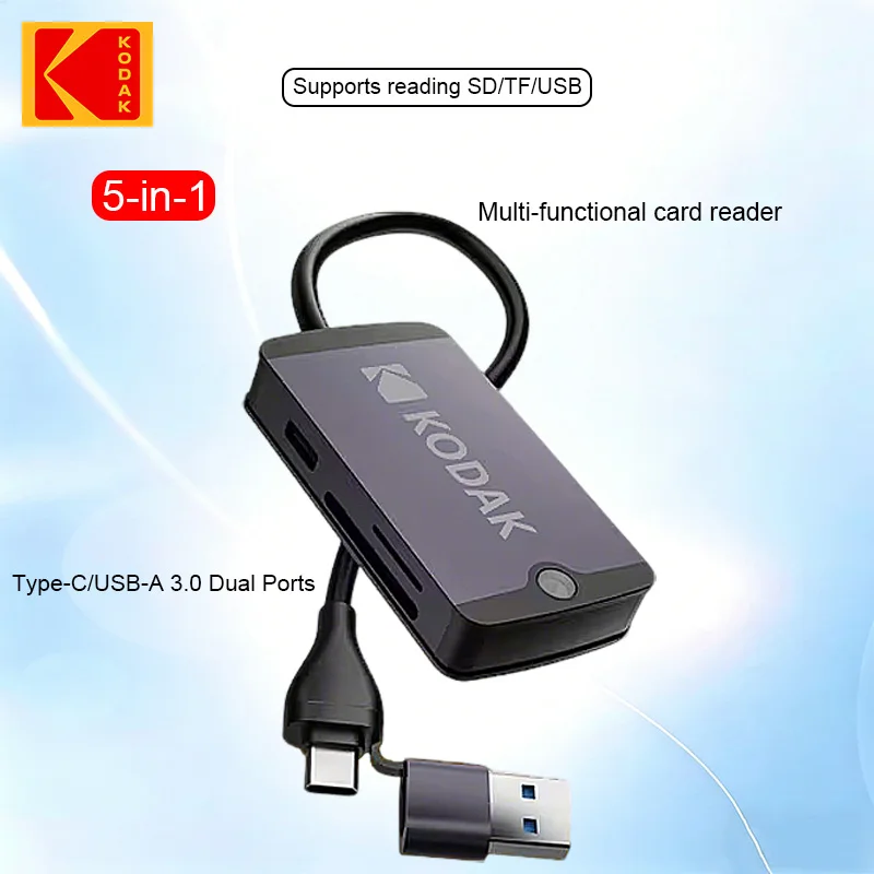 Kodak Fünf-in-Eins Multifunktions-Kartenleser-Hub/USB-Hub T320, SD/TF-Kartenleser mit USB 3.0, USB 2.0, Typ-C-Schnittstelle Mini SD