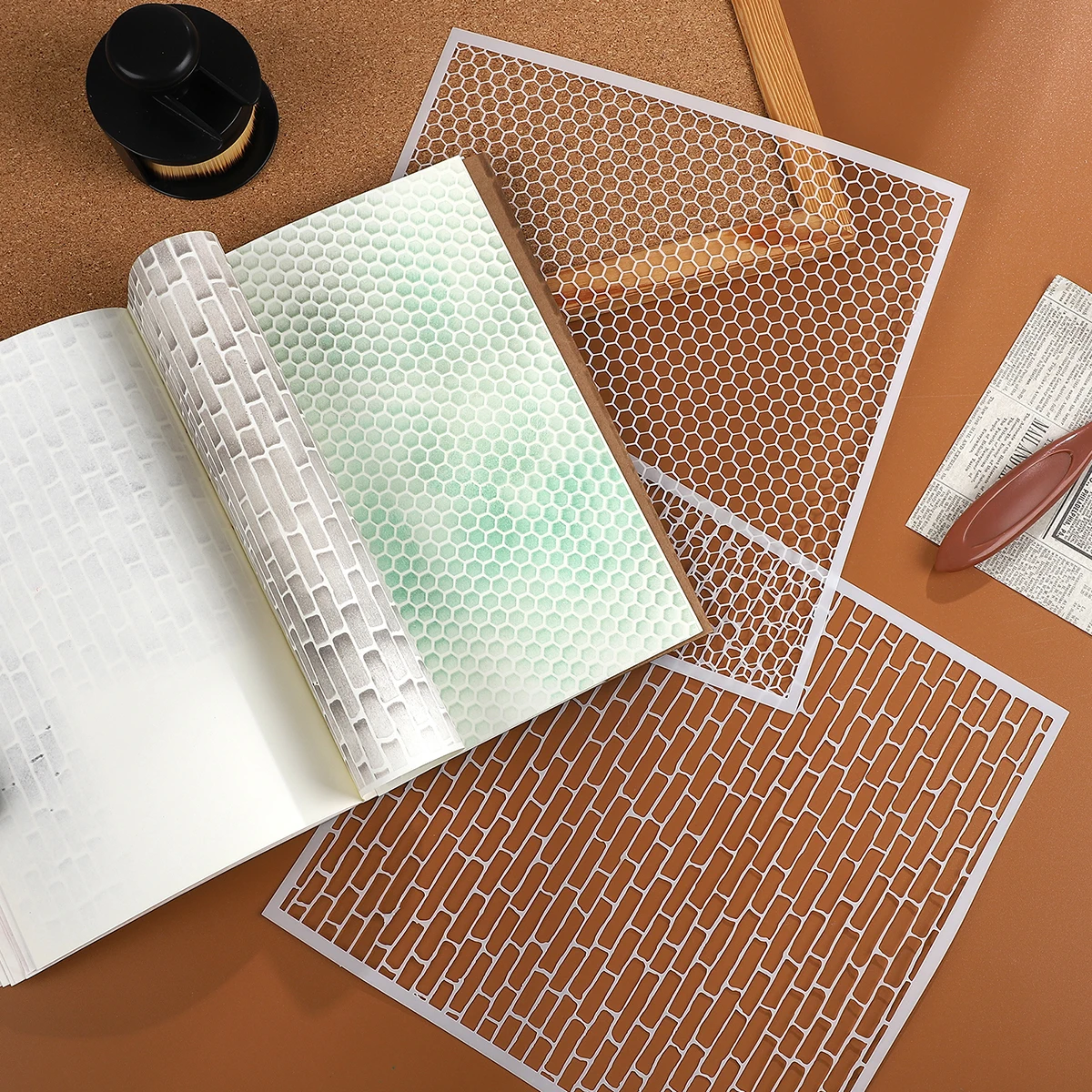 Red Brick Honeycomb Fish Scale Graphic Plastic Masking Panel Stamp Creative DIY Journal Student Supplies Stationery