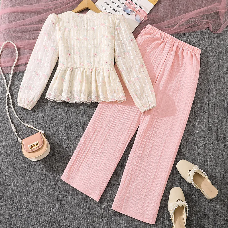 Girls' Spring New V-neck Hook Flower Long Sleeve Top+Casual Pants