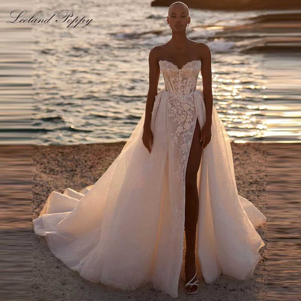 Lceland Poppy Customized A Line Strapless Illusion Lace Wedding Dresses Sleeveless Sexy Bridal Gowns with High Slit
