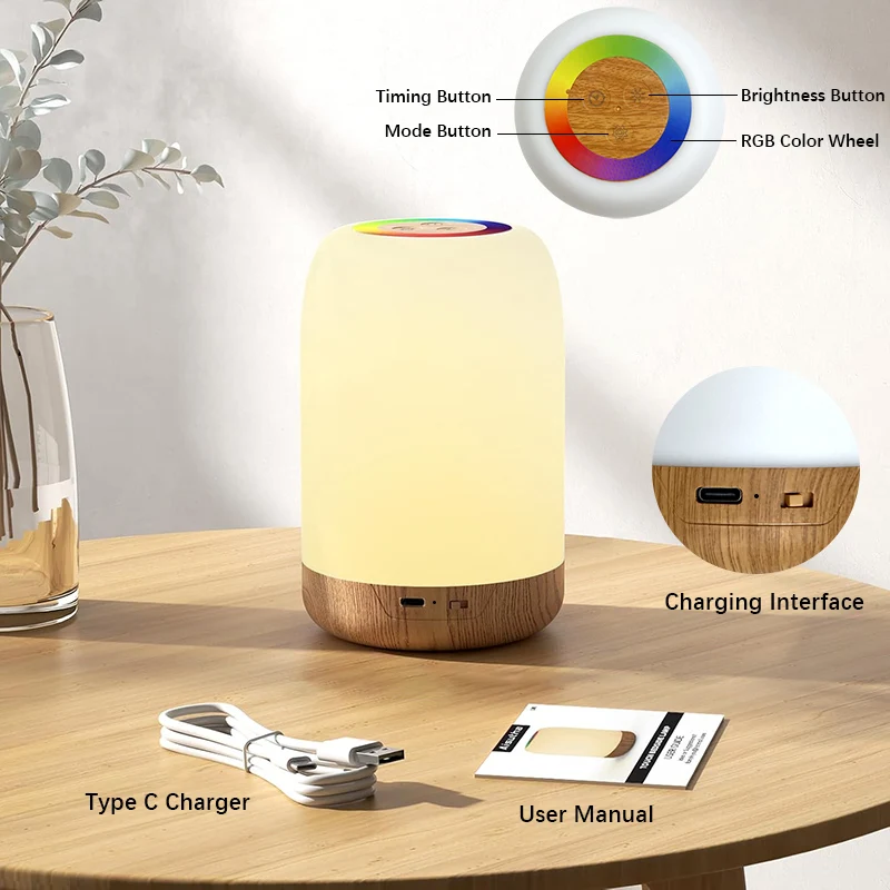 LED Touch Lamp with Dimmable RGB Colour,Wood Grain Table Lamp Timing Function,USB Rechargeable Night Light,for Bedroom Kids Deco