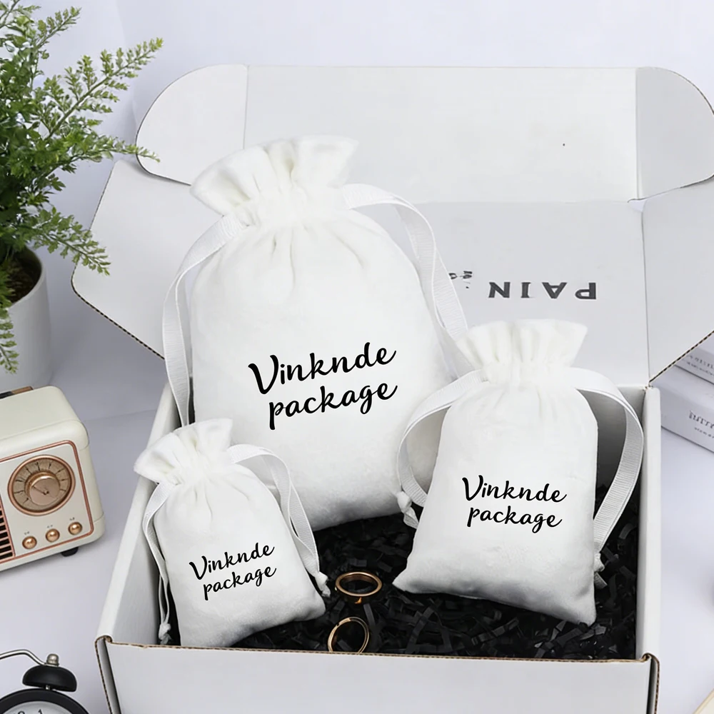 

Velvet Drawstring Jewelry Storage Pouch 8*10cm Personalized Logo Necklace Earrings Sachet White Ribbon Flannel Suede Dust Bags