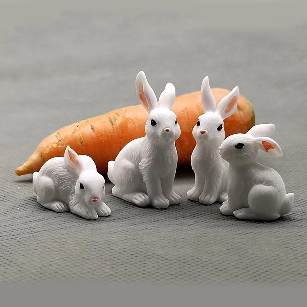 Miniature Rabbit Figurine Resin Bunny Statue Fairy Garden Micro Landscape Dollhouse Ornament White Hare Mini Animal Cute