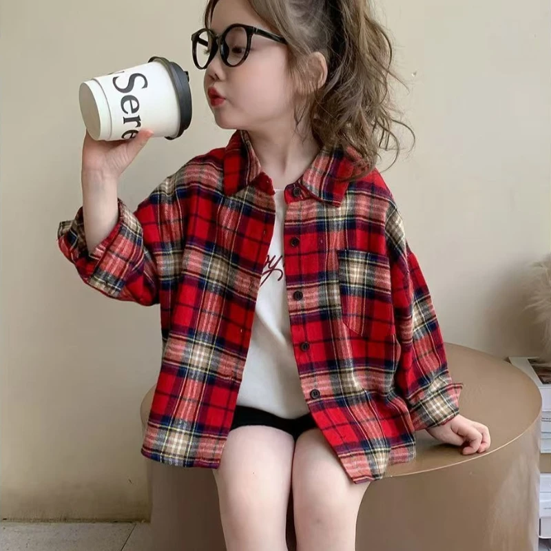 Girls Vintage Red Plaid Shirt Spring Summer Casual Tops Baby Check Jacket