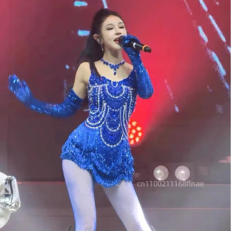 2025 novedad de verano estilo vestido de baile latino Su mono baile europeo y americano Sexy brillante elástico vestido de actuación en escenario