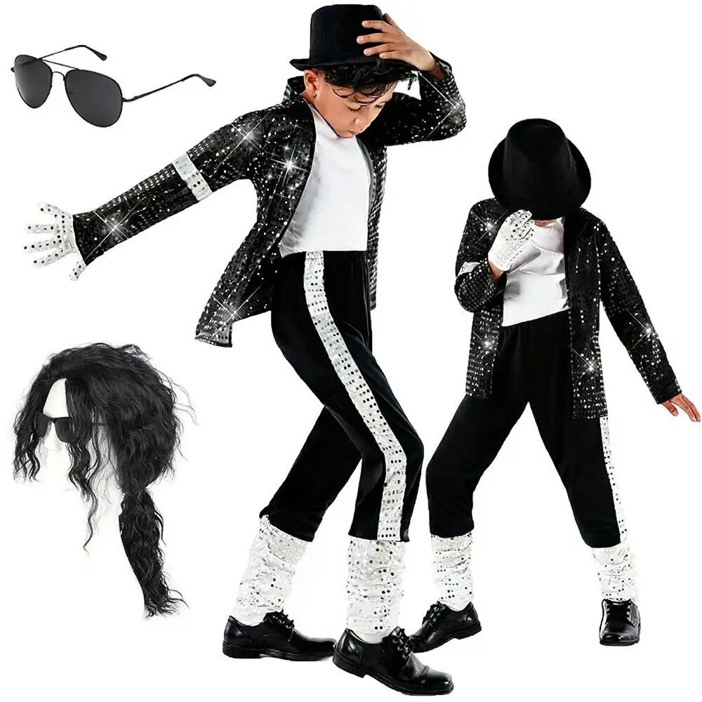 

Jackson Cosplay Costume Billie Jean Sequin Outfit with Hat Glove Wig Sunglasses for Halloween Carnival Party Dress Up