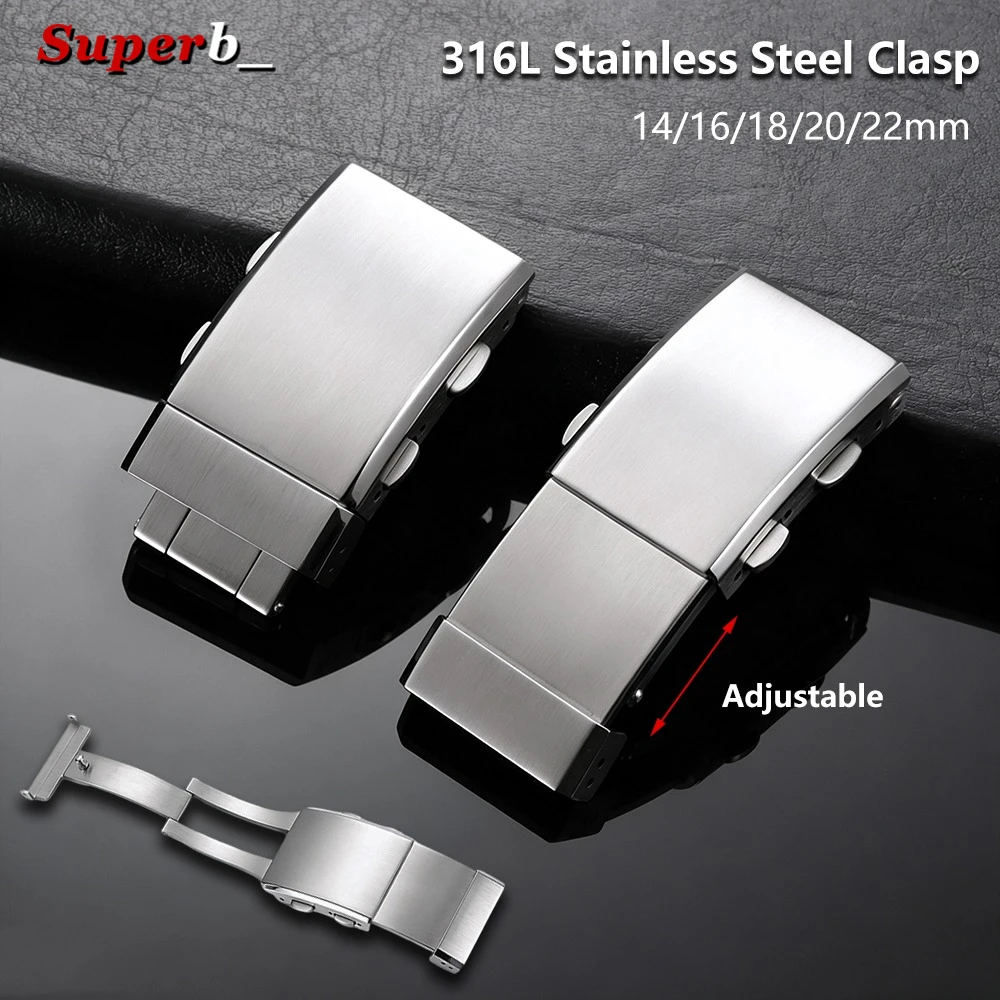 316L Solid Stainless Steel Watch Buckle 14mm 16mm 18mm 20mm 22mm Adjustable Folding Buckle Extendable Clasps Silver Metal Button