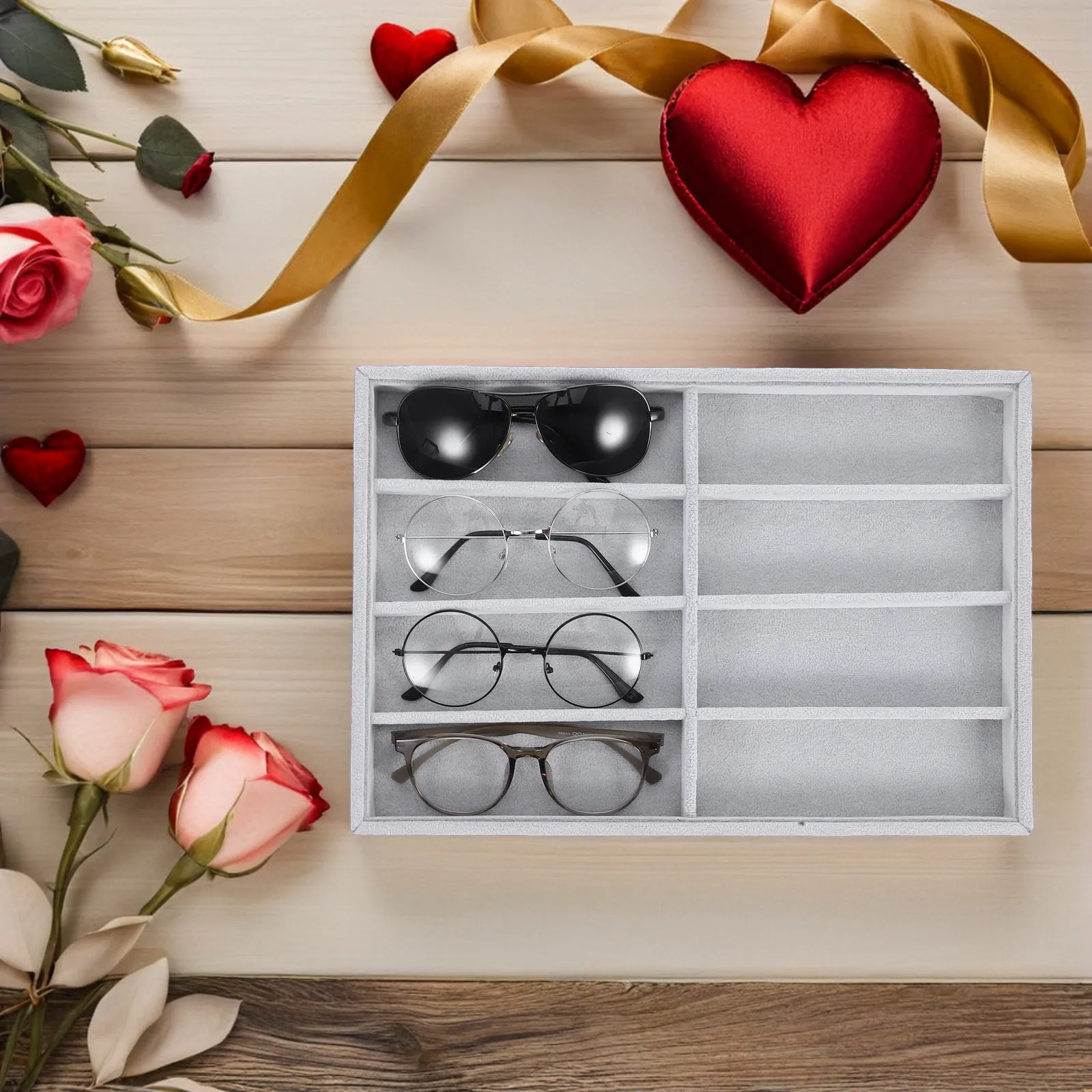 

Elegant 8-Compartment Jewelry Sunglasses Organizer Tray Soft Surface Protective Display Dish for Rings Bracelets Necklaces