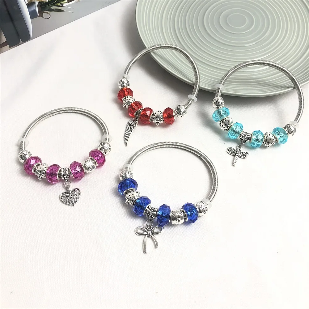 Elastic bangles bowknot heart wing dragonfly pendant beads women bracelets image 2