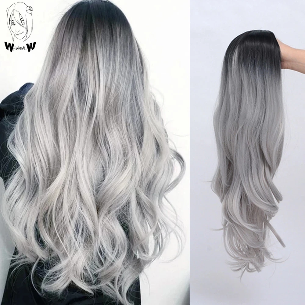 Long Black to Gray Cosplay Wigs Halloween Costumes  Women White Long Wavy Womans Color Synthetic Hairs Natural Party Wigs