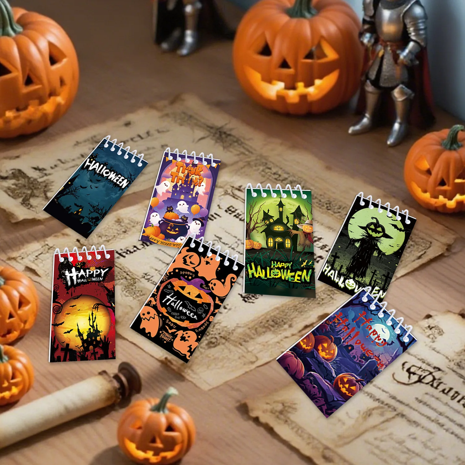10 Uds. Mini libretas de Halloween, Mini cuadernos en espiral para vacaciones, patrón de Casa Encantada de fantasma de calabaza para niños, fiesta de Halloween
