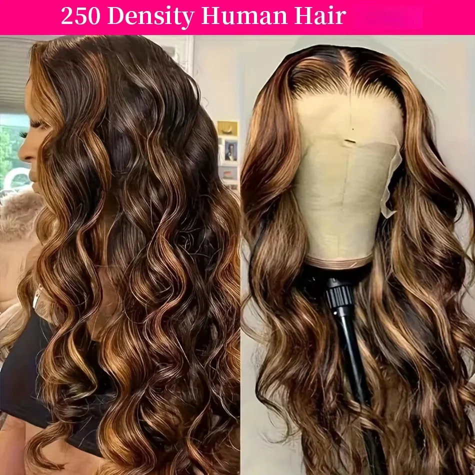 Perruques en cheveux humains ondulés Body Wave avec mèches 4/27, perruque frontale HD transparente 13x6 13x4 en cheveux humains pour femmes, pré-épilée, style brésilien