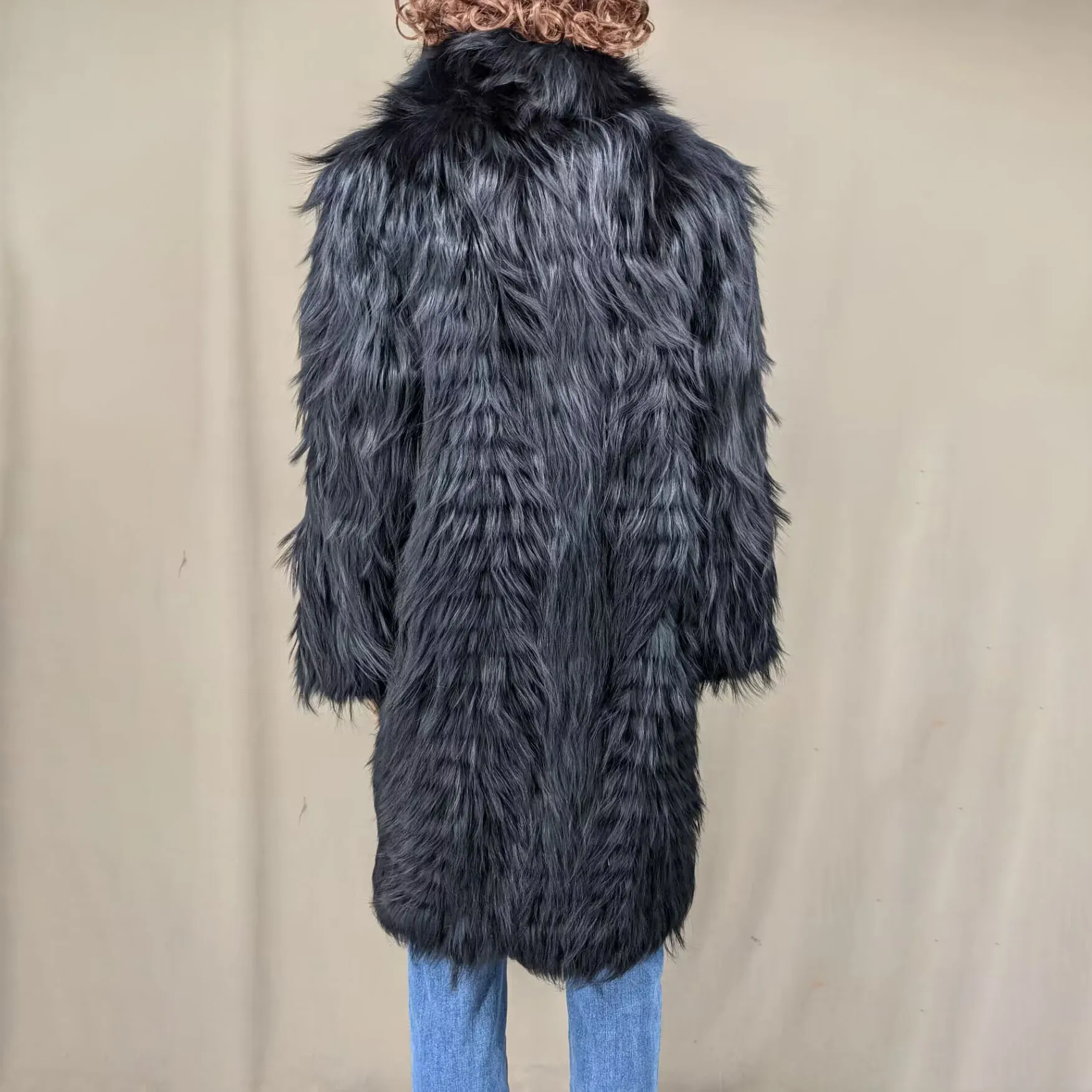 Women's Striped Real Silver Fox Fur Coat, Long Cardigen with Wool Lining, Big Size Clothes, Elegant Outwear, Spring, Lux18A09164