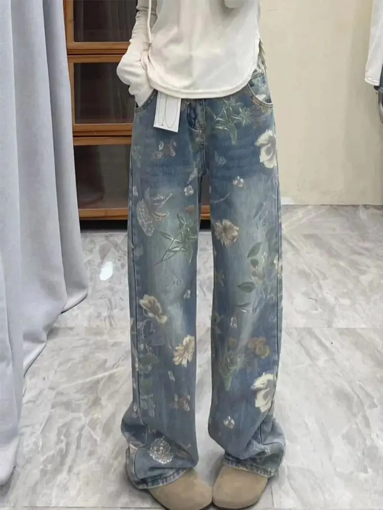 American Style Niche New Chinese Style National Trend Print Design Jeans Women Loose Straight Floor-length Mopping Long Pants