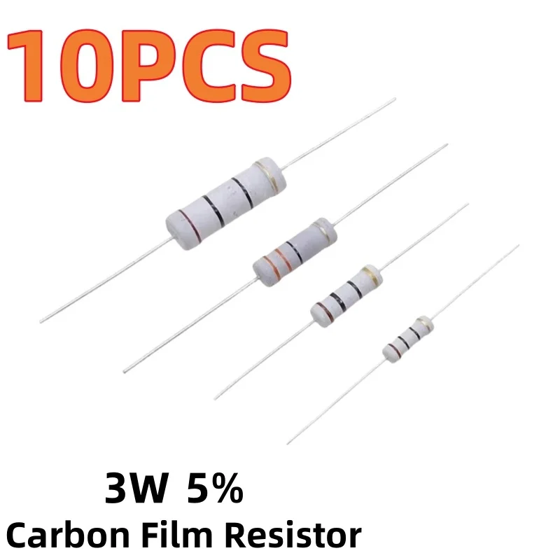 10PCS 3W Carbon film resistor 5% 0.1R 10R, 2.2R, 12R, 20R, 43R, 56R, 100R, 180R, 470R, 1.2K, 4.7K, 10K, 43K, 2R, 1m 22, 430ohm